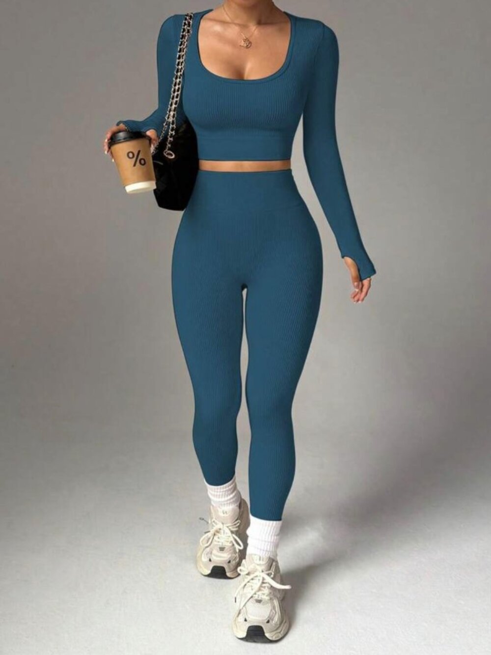 Shein Women's Ribbed Two-piece Tracksuit Yoga Set Blue Krop Top Leggings Size S